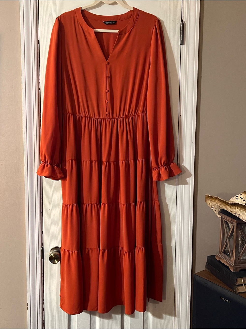 Women's Tiered Long Sleeve Midi Dress in Burnt Orange